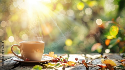 Steaming cup of coffee outdoors in bright sunlight with autumn leaves and berries background