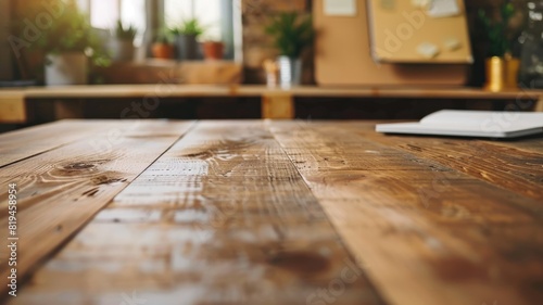 Close-up of wooden table in sunlit office setting