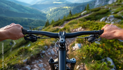 Vibrant mountain biking adventure captured from first-person perspective, navigating rugged trails through lush mountain landscape. photo