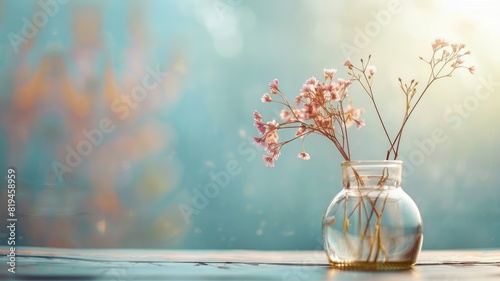 Delicate flowers in glass vase with dreamy background