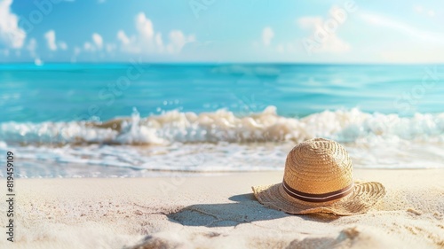 Straw hat on sandy beach with turquoise sea in background