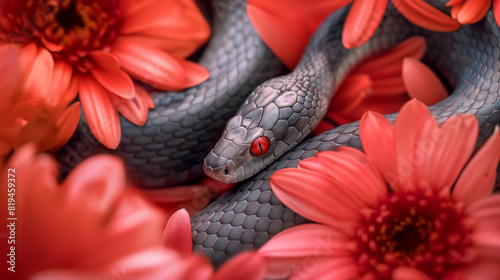 A red-eyed snake is curled up among red flowers.

 photo
