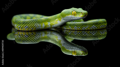 A green snake with yellow eyes is coiled and staring at the camera, reflecting on a black surface.