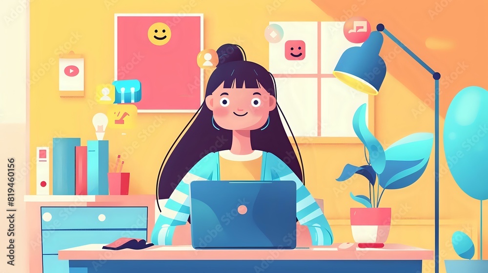 Illustration of a Blogger's Joy: Woman at Laptop with Coffee Illustration of a Blogger's Joy: Woman at Laptop with Coffee