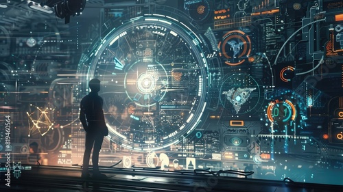 Futuristic scene with person analyzing digital interface