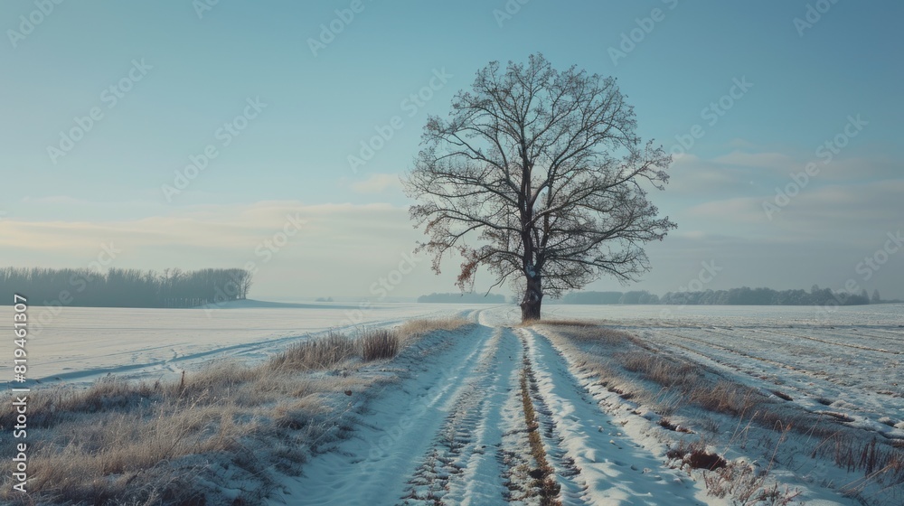 Lonely tree at off-road in the winter