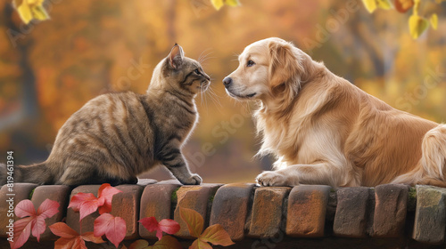 A cat and a dog are sitting side by side in a forest with fallen leaves.

 photo