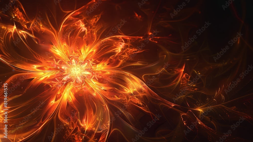 Within the vector landscape, a luminous bloom bursts forth a fire fractal flower, epitomizing the eternal flame of creation.