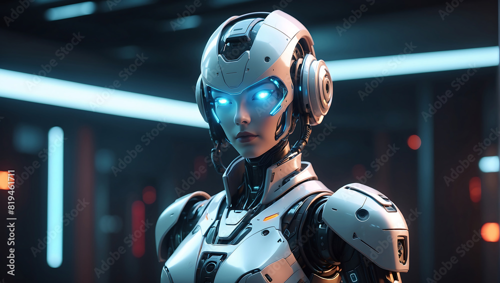 A futuristic robot figure in sleek dark metallic armor with glowing orange accents stands in a dimly lit environment and a helmet with a glowing visor A futuristic robot figure in sleek dark metallic armor with glowing orange accents stands in a dimly lit environment and a helmet with a glowing visor