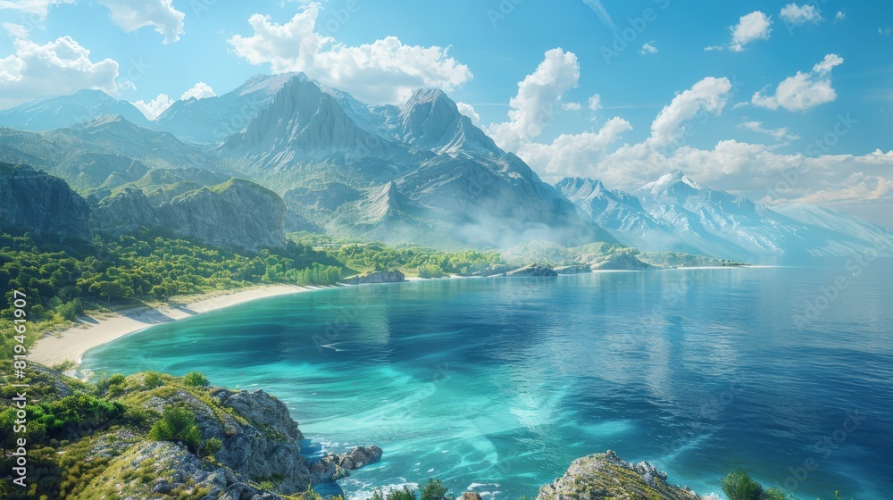 Obraz premium Beautiful wideangle view of a stunning blue sea sandy beach and majestic mountains foreground