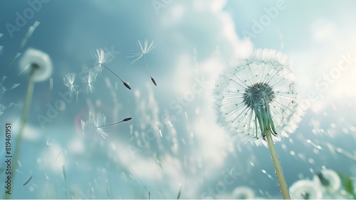 Dandelion seeds blowing in the wind across a summer field background  conceptual image meaning change  growth  movement and direction