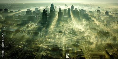 Aerial View of a City Enveloped in Golden Fog at Sunrise, Highlighting Skyscrapers
