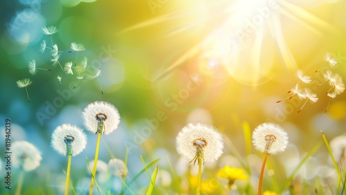 Dandelion seeds blowing in the wind across a summer field background  conceptual image meaning change  growth  movement and direction