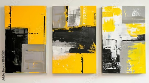 striking trio of abstract paintings in bold yellow black and gray modern art set photo