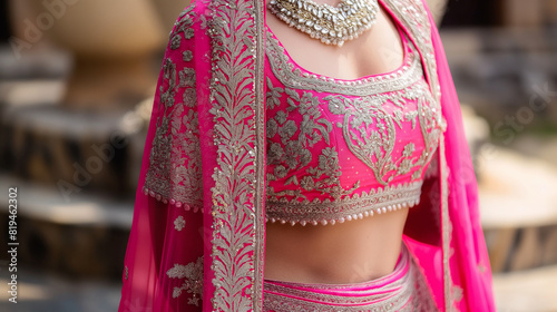  pink and silver embroidered traditional Indian skirt called a Lehenga. photo