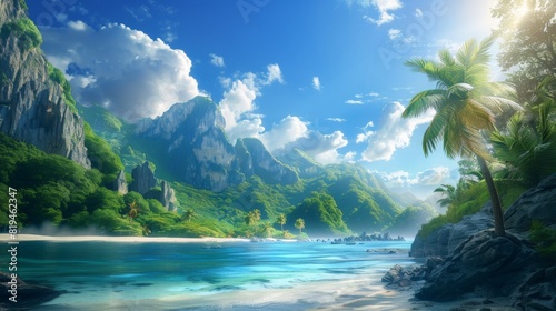 Beautiful landscape of the ocean bathed in beautiful sunlight with mountains in the background © PStyle