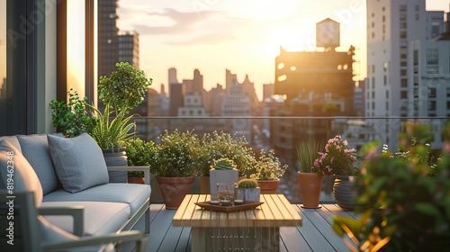 stylish balcony or terrace with cozy seating and potted plants city view background photo