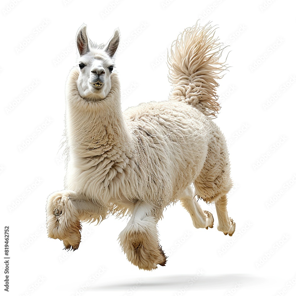 running and jumping llama, surprise face, no background, white plain background