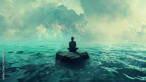 surreal businessman sitting on stone amidst vast ocean contemplating lifes challenges digital concept illustration photo