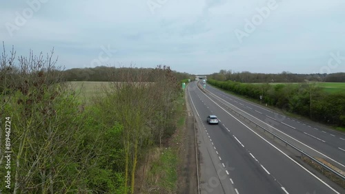 High Angle View of British Roads at Countryside Landscape of Highfields Village, Cambridgeshire, England UK. March 21st, 2024 photo