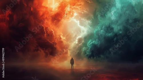surreal heaven and hell conceptual illustration dramatic contrast between divine light and infernal darkness photo
