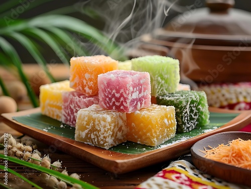 Delicious Colorful Kue Lakon Traditional Pastry with Fresh Ginger Leaves Garnish on Elegant Green Plate, Asian Treats Background photo