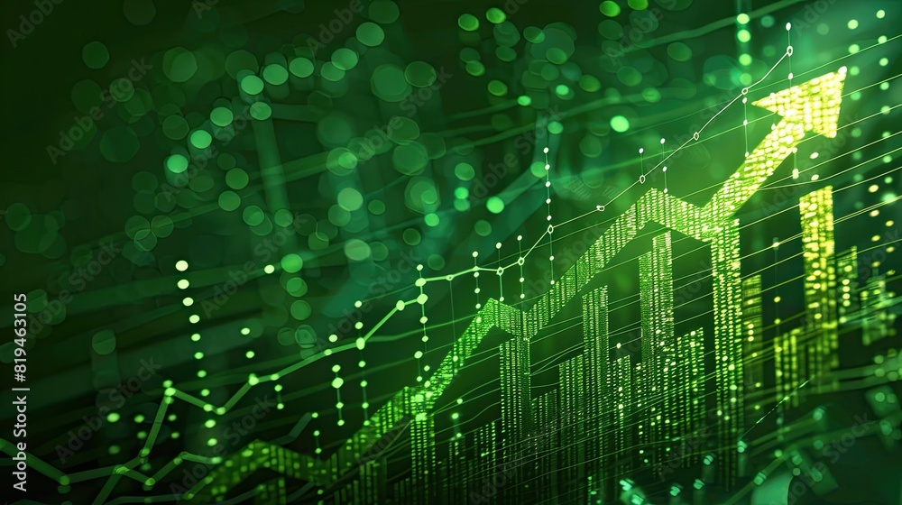 business finance chart . green arrow pointing up on digital green background, financial growth and success for business business finance chart . green arrow pointing up on digital green background, financial growth and success for business