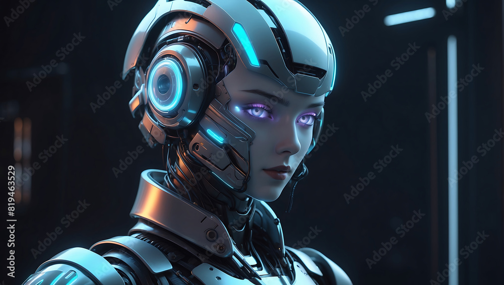 A futuristic robot figure in sleek dark metallic armor with glowing orange accents stands in a dimly lit environment and a helmet with a glowing visor A futuristic robot figure in sleek dark metallic armor with glowing orange accents stands in a dimly lit environment and a helmet with a glowing visor