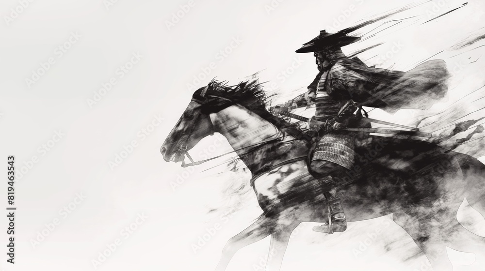 Samurai warrior riding horse in black ink style illustration during feudal japan era sunset. Samurai warrior riding horse in black ink style illustration during feudal japan era sunset.
