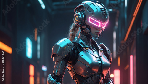 A futuristic robot figure in sleek dark metallic armor with glowing orange accents stands in a dimly lit environment and a helmet with a glowing visor