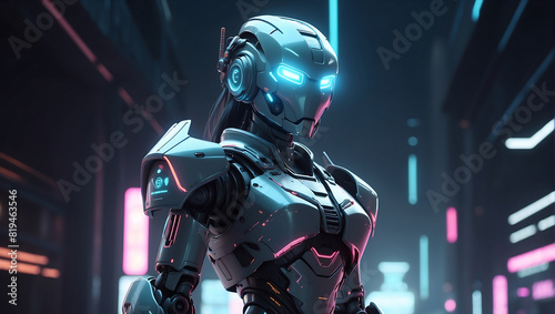A futuristic robot figure in sleek dark metallic armor with glowing orange accents stands in a dimly lit environment and a helmet with a glowing visor