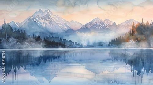 tranquil watercolor painting of serene lake reflecting majestic snowcapped mountains at dawn photo