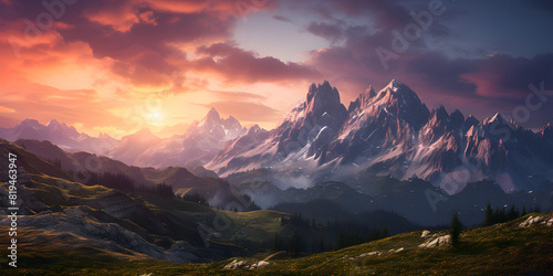 Mountain landscape at sunset Panoramic view of the peaks Beautiful in the valley 