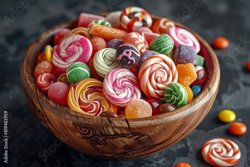 Colorful Halloween Candy Assortment in Wooden Bowl on Dark Background photo