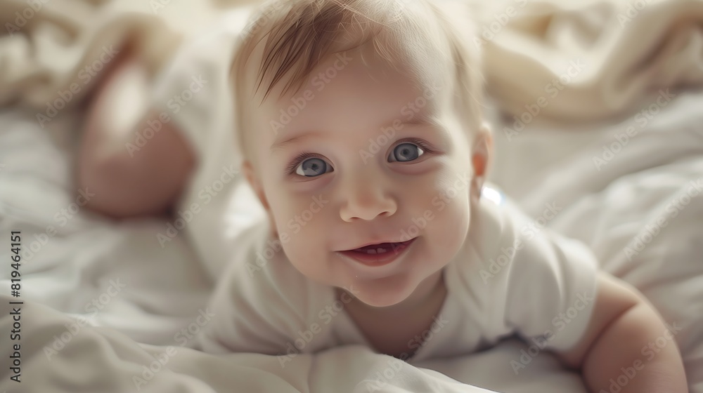 Baby - A baby lying on white feathers, looking around curiously with large eyes and an adorable smile Baby - A baby lying on white feathers, looking around curiously with large eyes and an adorable smile