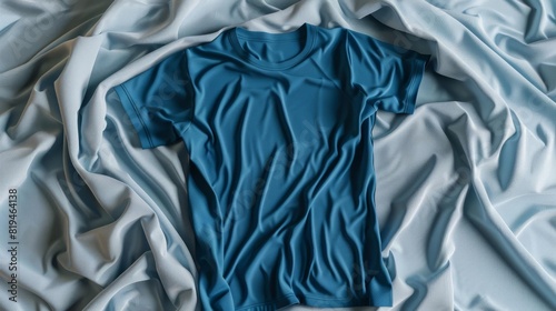 ultrarealistic airendered blue tshirts showcasing fabric texture and drape product photography on light grey silk photo