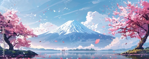 Peaceful and iconic illustration of cherry blossom season with Mount Fuji in a Japanese landscape