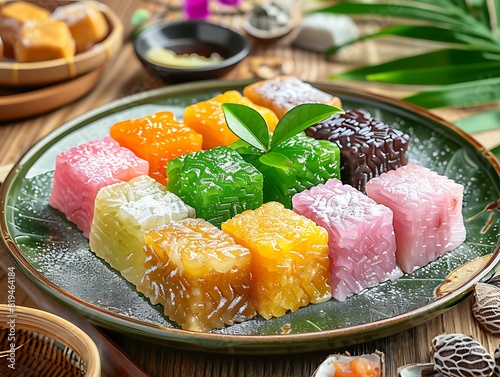 Delicious Colorful Kue Lakon Traditional Pastry with Fresh Ginger Leaves Garnish on Elegant Green Plate, Asian Treats Background photo