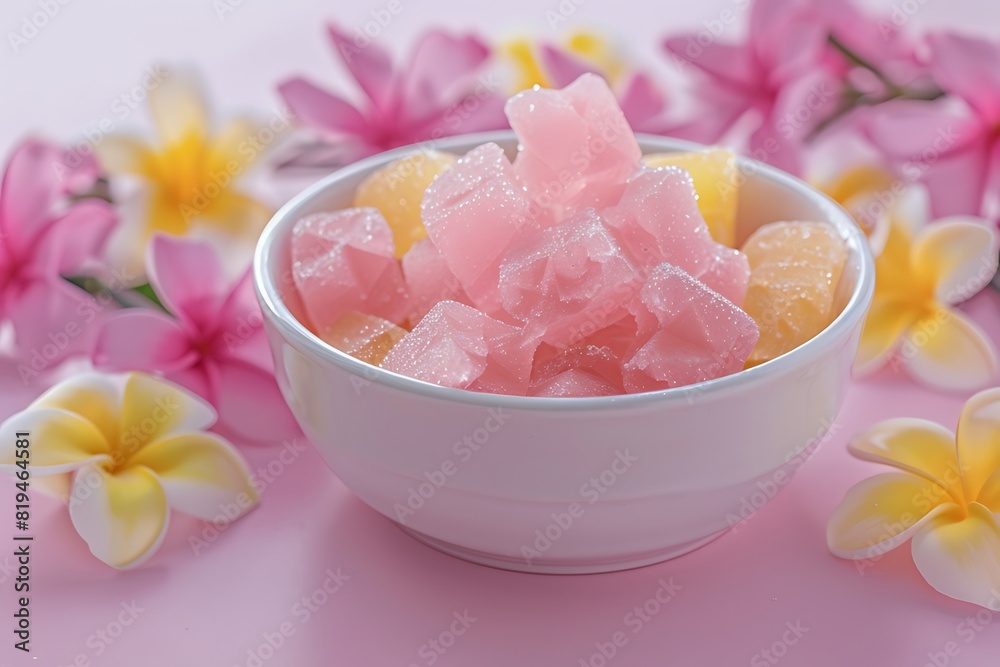 Pink Jelly and White Milk Dessert with Rambutan Fruit and Frangipani Flowers, Top View Close-up Shot
Pink Jelly and White Milk Dessert with Rambutan Fruit and Frangipani Flowers, Top View Close-up Shot