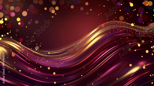 An abstract wavy background in burgundy and gold  with luxurious multicolor blur bokeh lights.