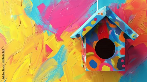 vibrant birdhouse mockup with colorful painted pattern hanging against bright background digital painting photo