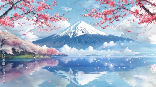 Serene and tranquil illustration of Mount Fuji with cherry blossoms and nature in full bloom #819464704