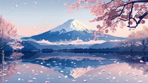 Traditional landscape illustration of Mount Fuji with cherry blossoms and a peaceful spring atmosphere
