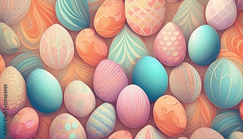 Easter eggs of retro elegance converge in an abstract illustration, crafting a seamless pattern with vibrant pastel colors in a captivating arrangement