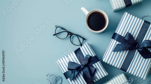 top view of blue and white striped patterned gift boxes with dark blue ribbon, a coffee cup on the table next to eyeglasses male necktie flat lay on a royal background, photo