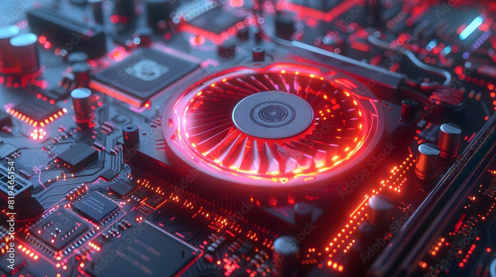 A closeup of the cooling fan on a graphics card, with glowing red light and intricate details, surrounded by circuit boards and other tech equipment.
