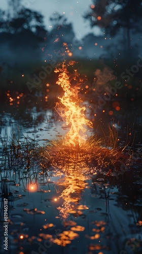 Ethereal Fire Spirit Rising from Serene Pond in Captivating