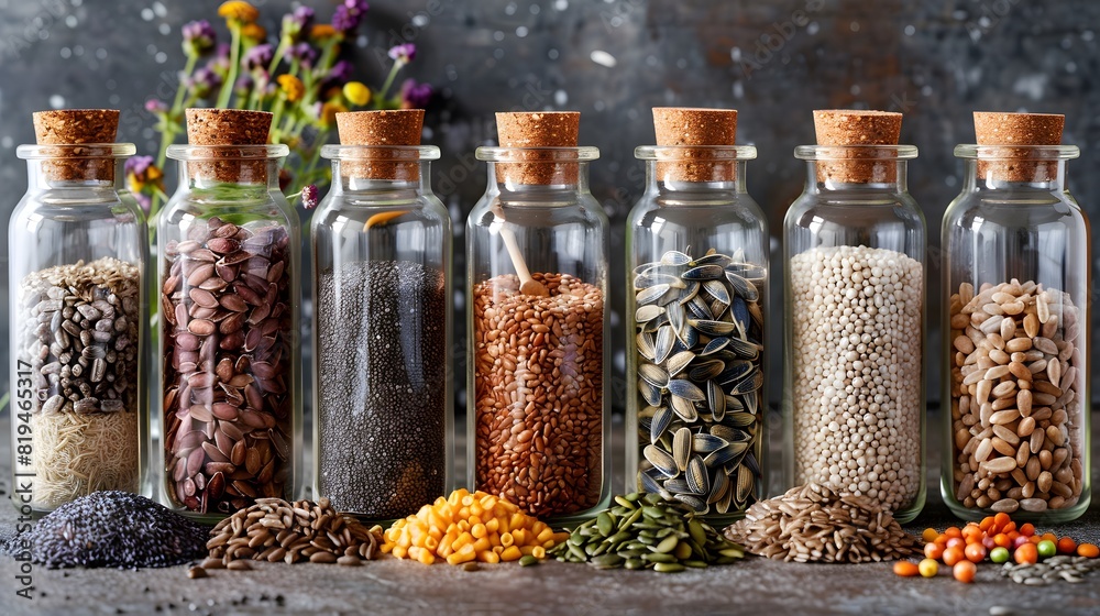 A collection of glass jars filled with different types and sizes of grains, seeds or ingredients for cooking or health.
A collection of glass jars filled with different types and sizes of grains, seeds or ingredients for cooking or health.