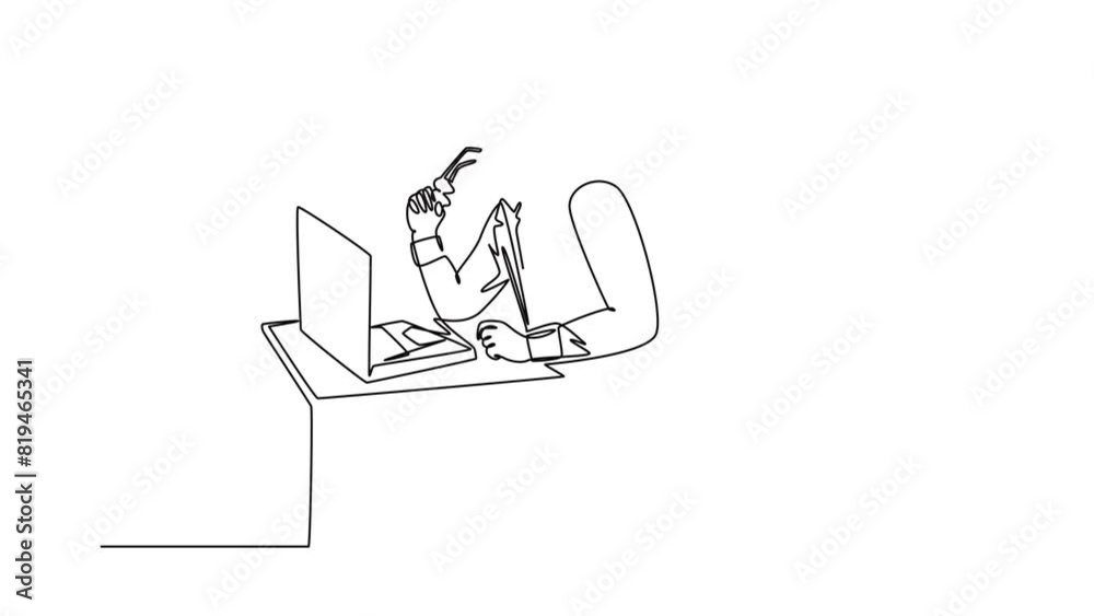 Self drawing animation of single line draw young manager focus thinking and holding his chin using hands while sitting in front of computer. Business idea. Continuous line draw. Full length animated Self drawing animation of single line draw young manager focus thinking and holding his chin using hands while sitting in front of computer. Business idea. Continuous line draw. Full length animated
