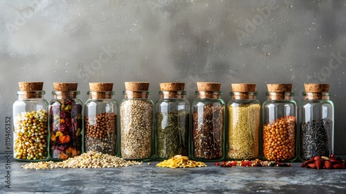 A collection of glass jars filled with different types and sizes of grains, seeds or ingredients for cooking or health. 